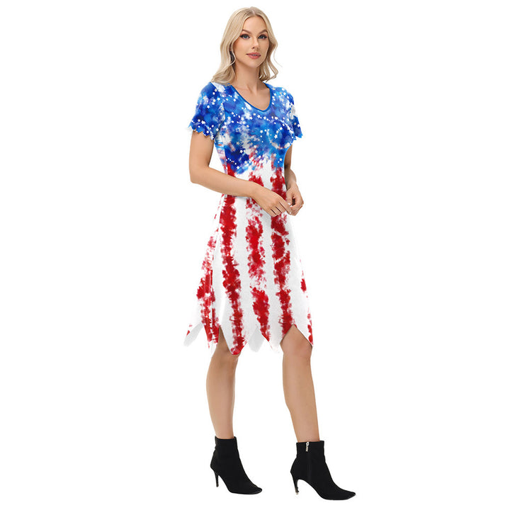 Dame afslappet T-shirt kjole med amerikansk flag mønster og asymmetrisk kant Stilla