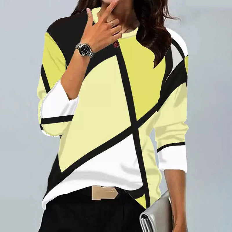 Stilla | Trendy Vintage Geometrisk Print Rund Hals Langærmet T-shirt