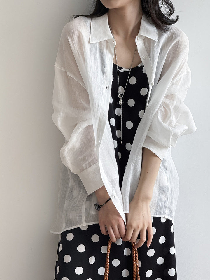 Dame afslappet linned blouse med elegant fald og klassisk krave Stilla