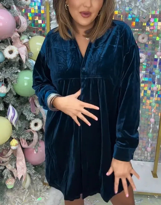 Dame luksuriøs velour skjortekjole med knap og legende snit Stilla