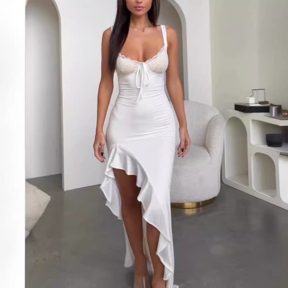 Damer Elegant Maxi Kjole med Blonde Korsage og Asymmetrisk Kant Skovae