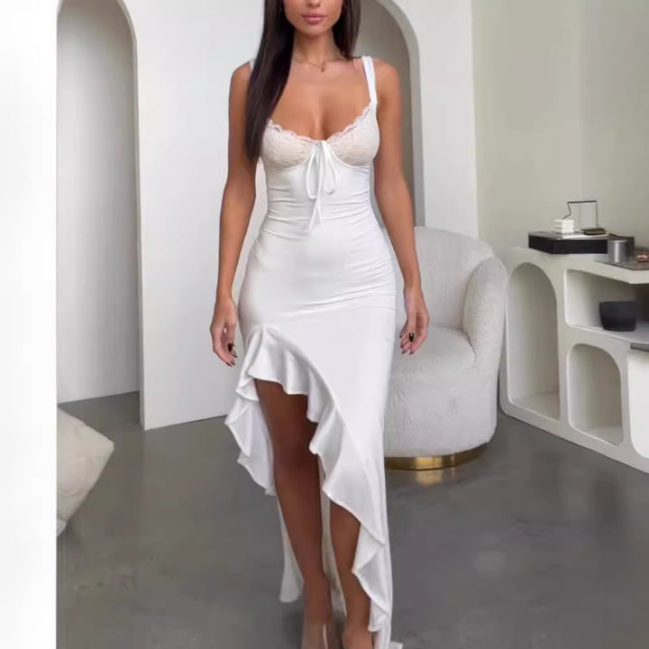 Damer Elegant Maxi Kjole med Blonde Korsage og Asymmetrisk Kant Skovae