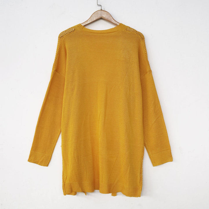 Dame løs strik-kimono med luftig netlook og sidelange slids Stilla