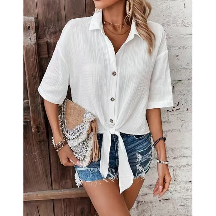 Dame casual knapbluse med knude foran Stilla