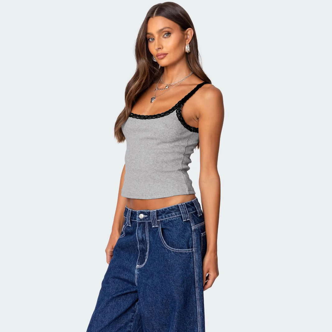 Dame Spaghetti straps top med dekorativt spidskant Stilla