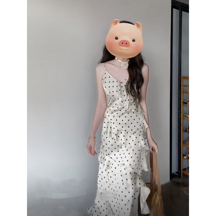 Femme Rüsch Polka Dot Spaghetti-strop Maxi-kjole Stilla