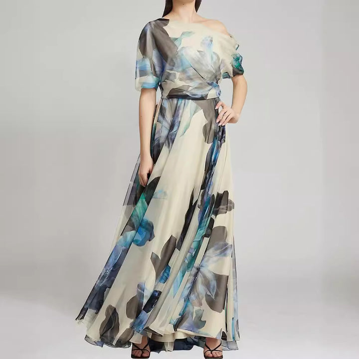 Dame maxikjole med floral chiffon og voluminous ærmer Stilla