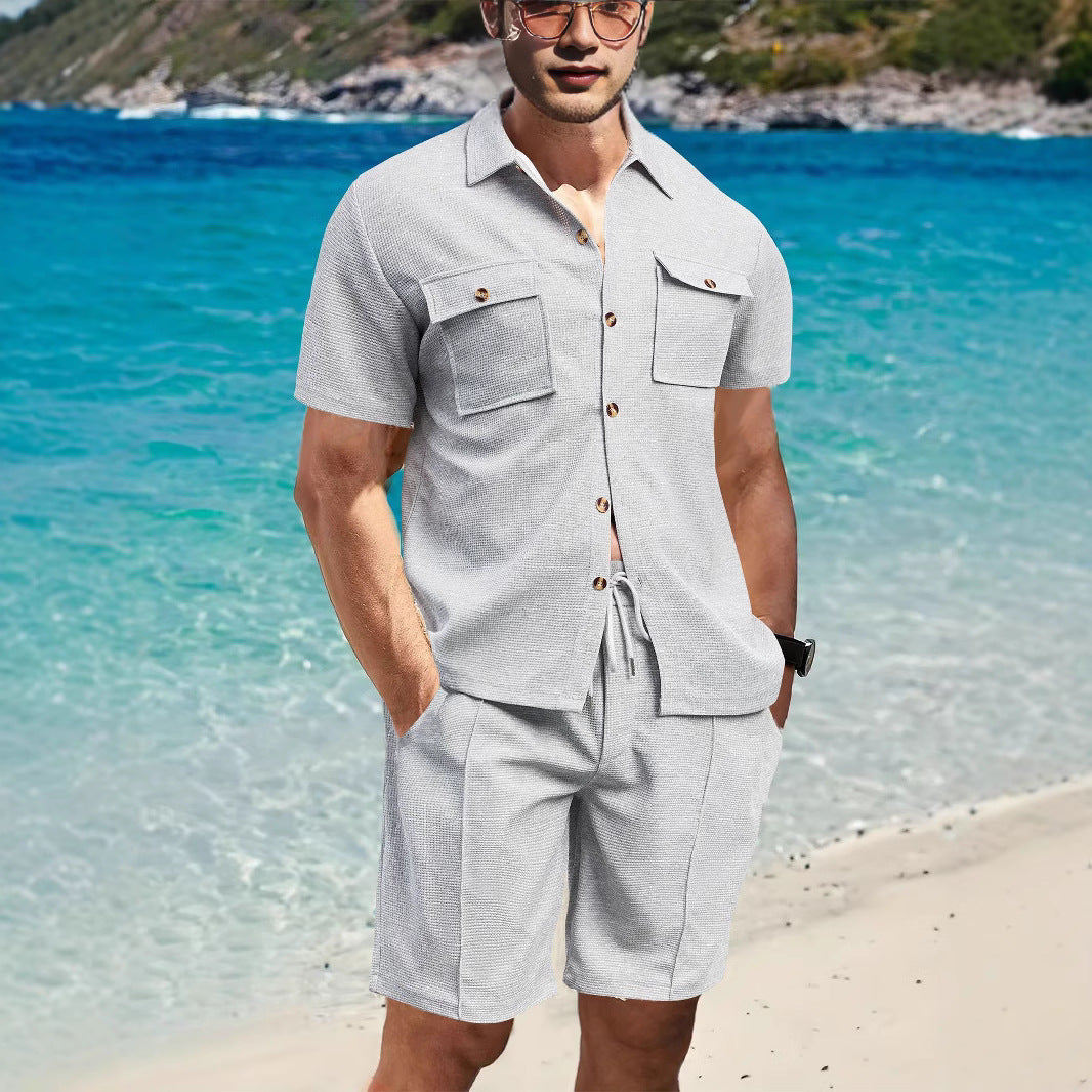 Herrer afslappet strandskjorte og shorts sæt med praktiske lommer Stilla