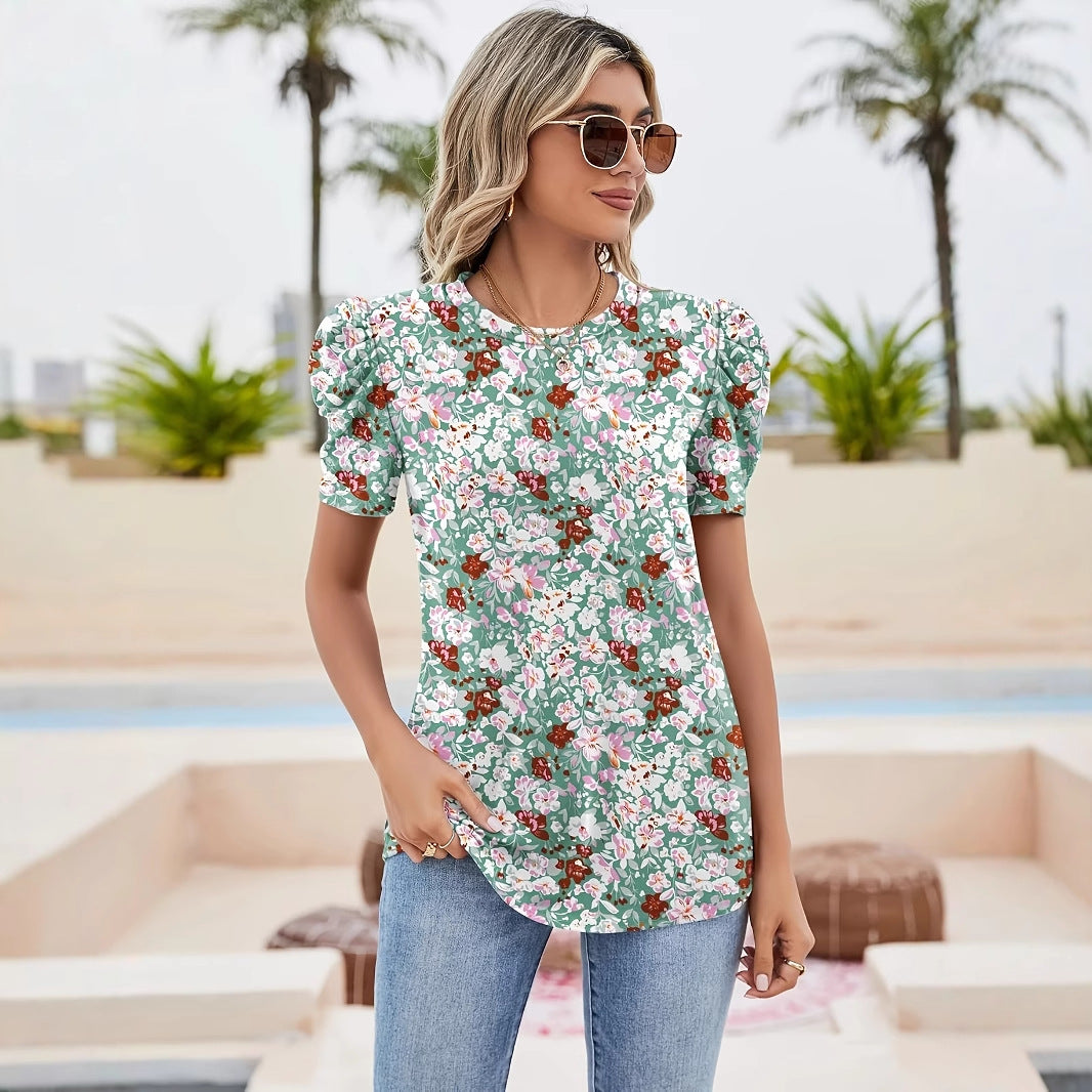 Damebluse med pufærmer og blomstermønster Stilla