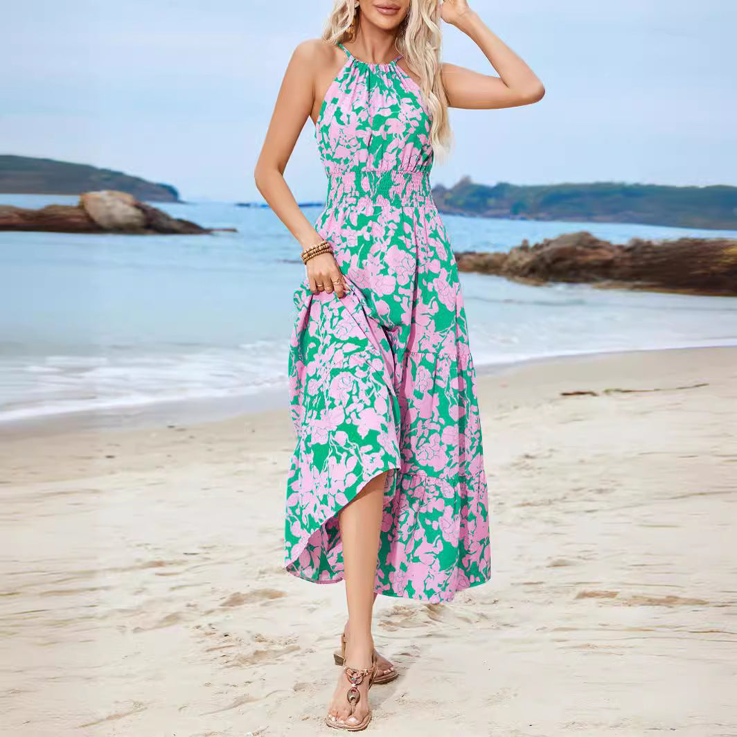 Dame Halterneck Blomstret Maxi Kjole med Flowy Skirt Stilla