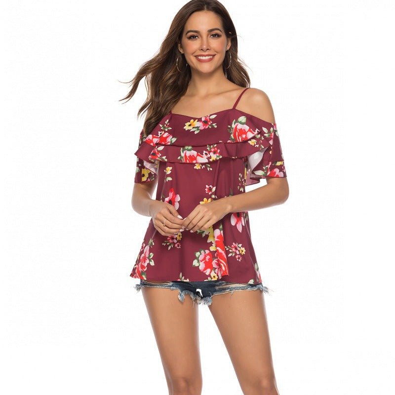 Dame Koldt Skulder Ruffles Dekoreret Floral Top Stilla