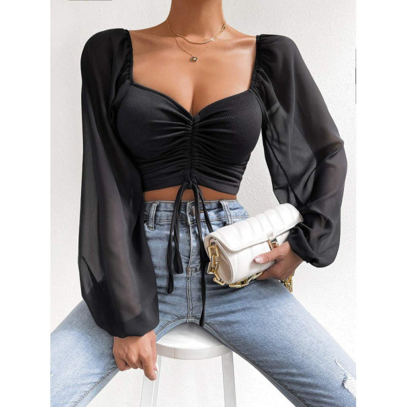 Dame Elegant Crop-top med puffede ærmer og snøremuligheder Stilla