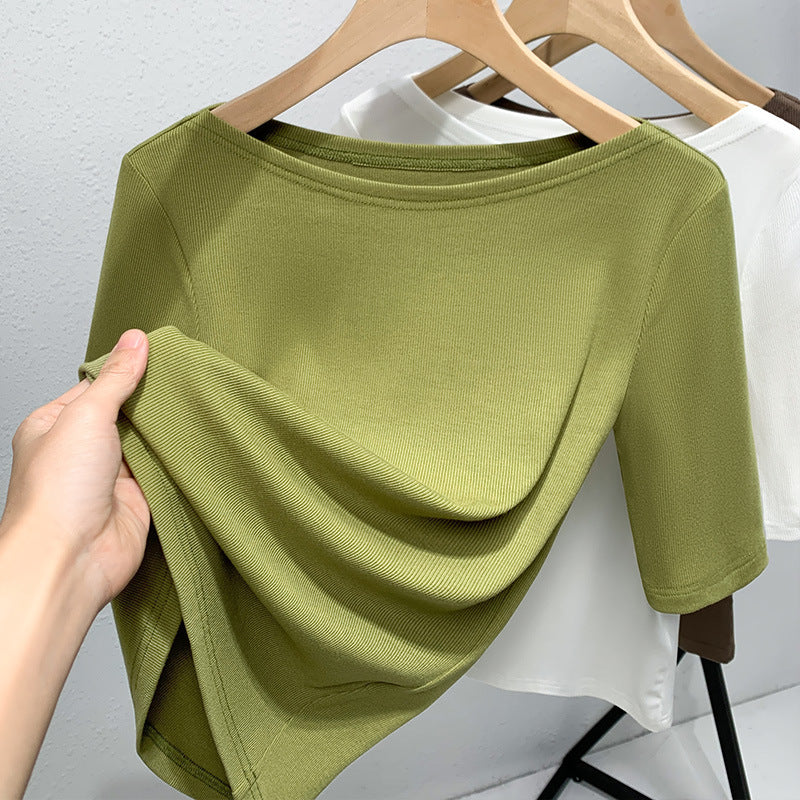 Dame Kortærmet Rib-T-shirt med elegant Rund halsudskæring og figursyet pasform Stilla