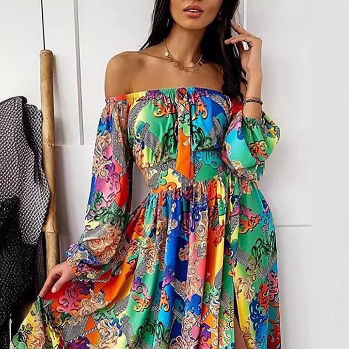 Dame Maxi-kjole med off-shoulder design og farverigt blomster mønster Stilla