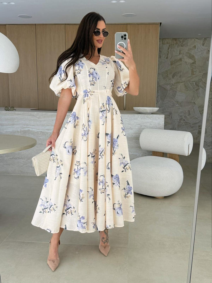Dame Blomster Maxi Kjole med Puffærmer Stilla