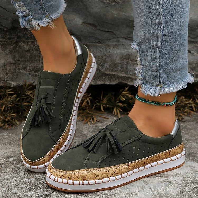 Dame komfortable Slip-On Sneakers med stilfulde fransender og korksål Stilla