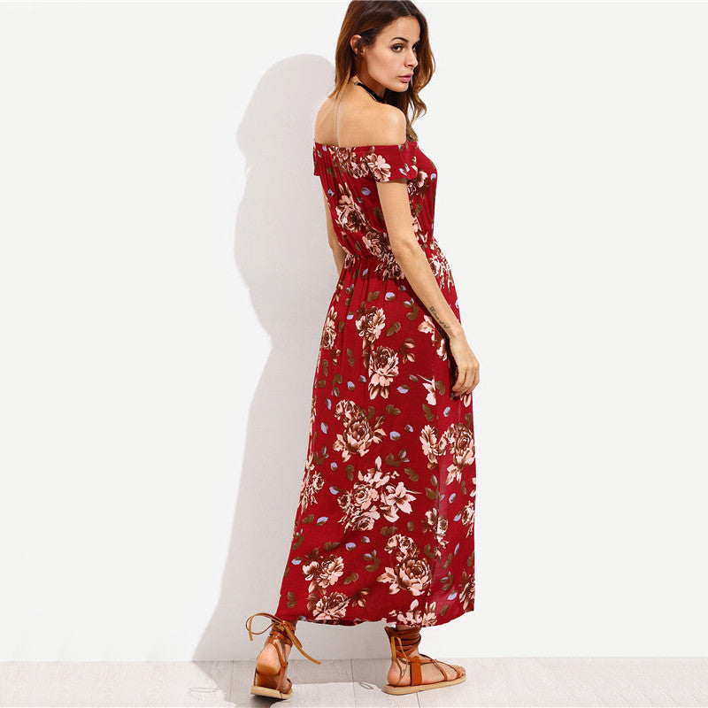 Dame Off-Shoulder Maxikjole med floral design og høj split Stilla