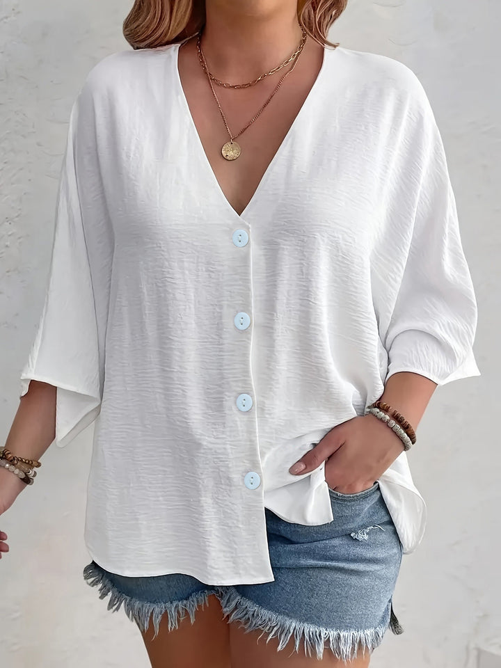 Dame Viskose Oversize-Bluse med V-udskæring og knapdetaljer Stilla