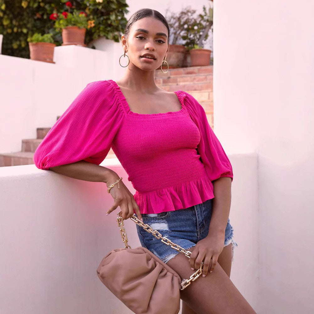 Dame Puffærmet Smocked Top Stilla
