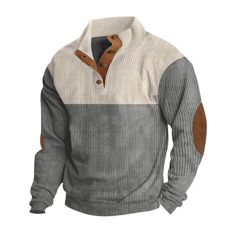 Herrer nan ribstrikket sweater med ståkrave knapliste og læderalbue-patches Skovae