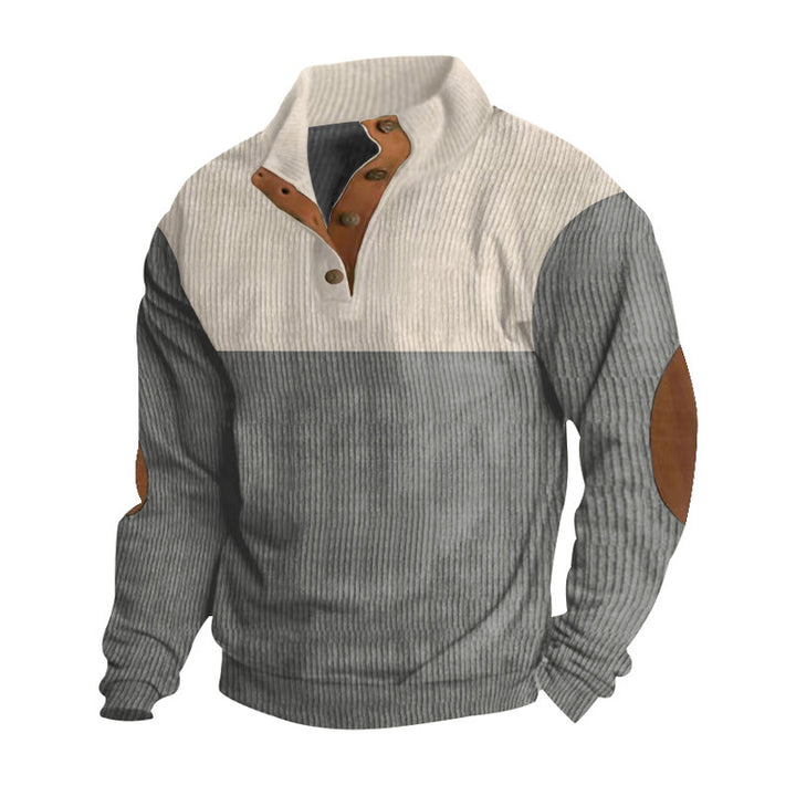 Herrer nan ribstrikket sweater med ståkrave knapliste og læderalbue-patches Skovae