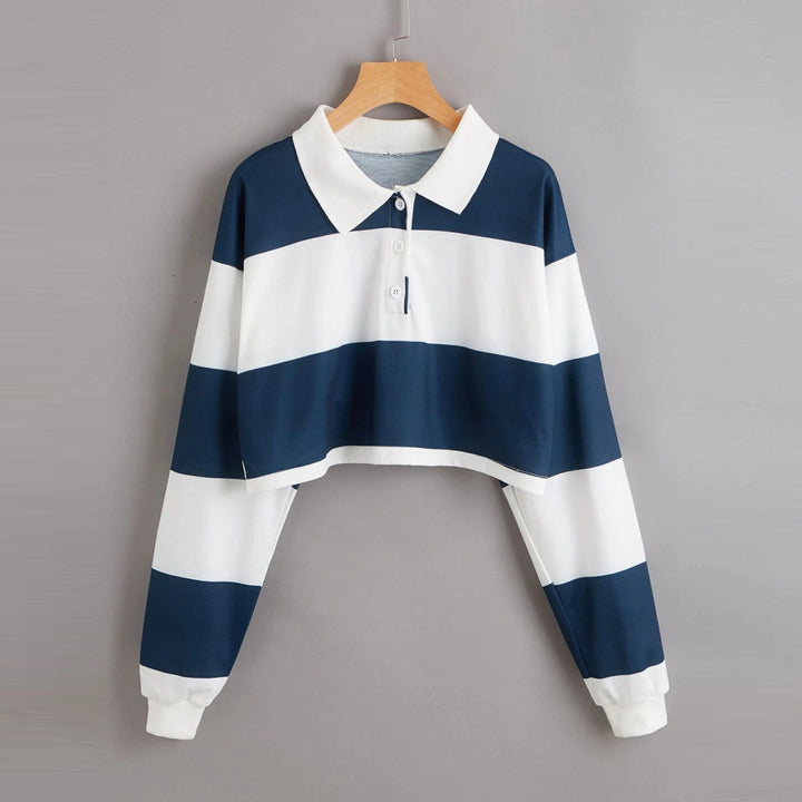 Kvindernes kortærmede polo sweater med farverige striber Skovae