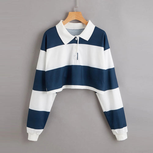 Kvindernes kortærmede polo sweater med farverige striber Skovae