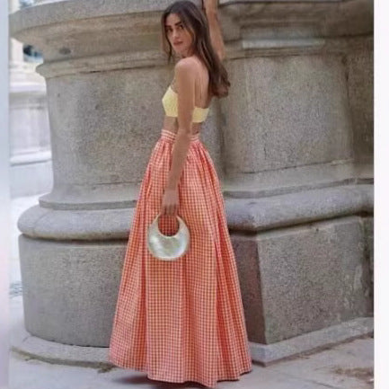 Femme Gingham Cropped Top og Maxi Nederdel Sæt Stilla