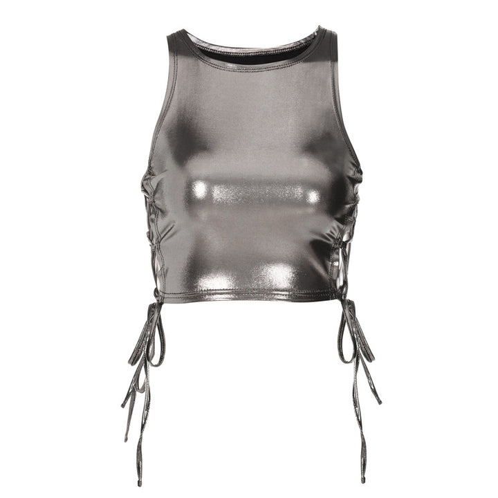 Dame højskåret crop-top med sidelokning og blank finish Stilla