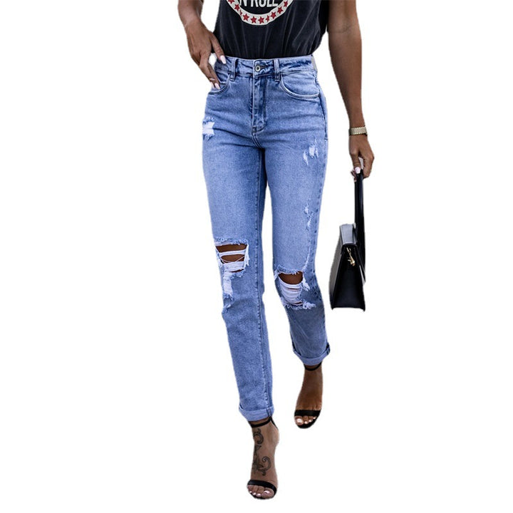 Dame Ripped High-Waist Jeans i casual Boyfriend-stil med Destruction-detaljer Stilla