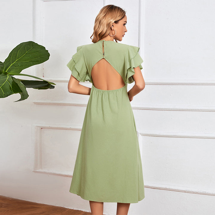 Kvinders elegante midi kjole med flæse detaljer og knapstolpe Stilla