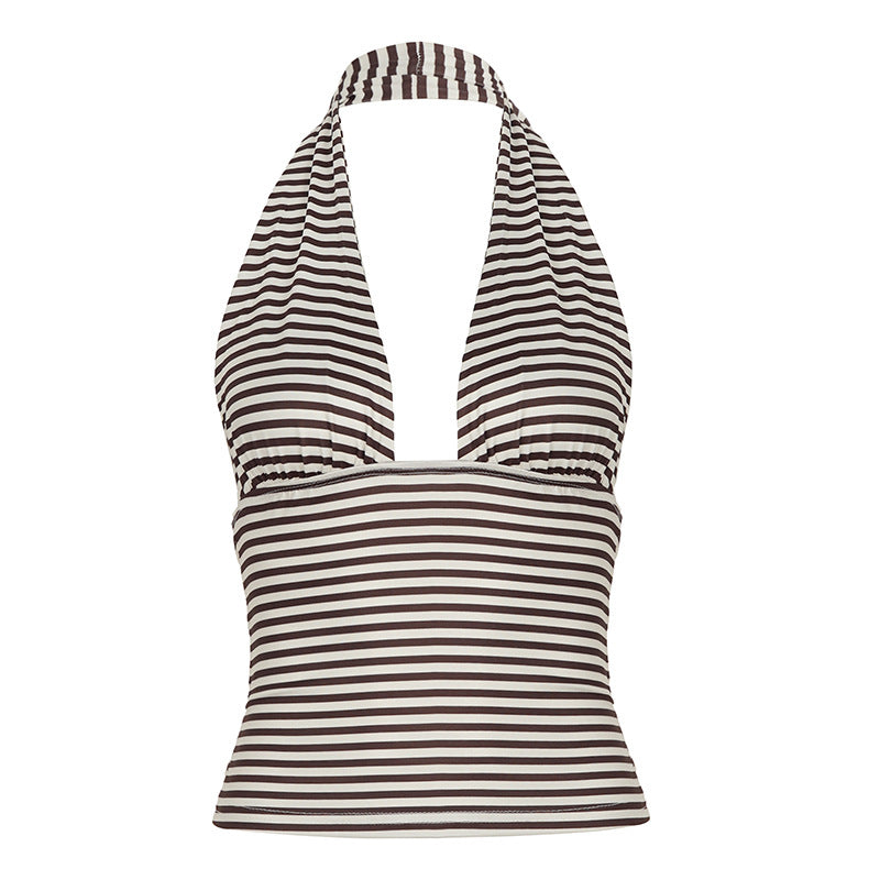 Dame Bikinitop med justerbar halterneck og trendy stribemønster Skovae