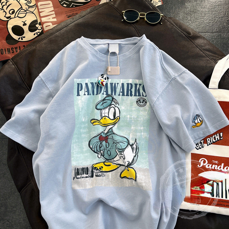 Dame T-shirt i vintage-look med kreativt cartoon-tryk Stilla