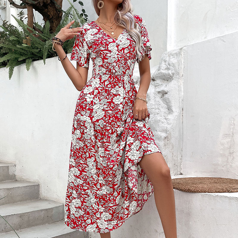 Dame Floral Print Midi-Kjole med V-Udskæring og korte Flatterærmer Stilla