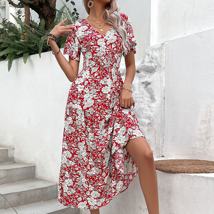 Dame Floral Print Midi-Kjole med V-Udskæring og korte Flatterærmer Stilla