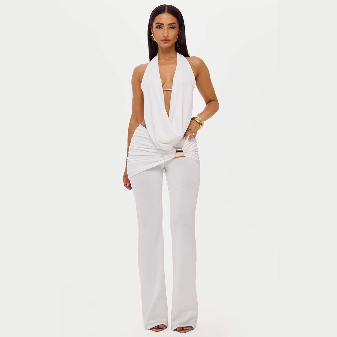 Dame elegant, tætsiddende jumpsuit med dyb udskæring og vidde ben Skovae
