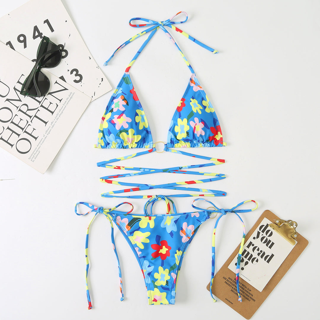 Dame triangel bikini sæt med justerbare stropper og blomsterdesign Skovae