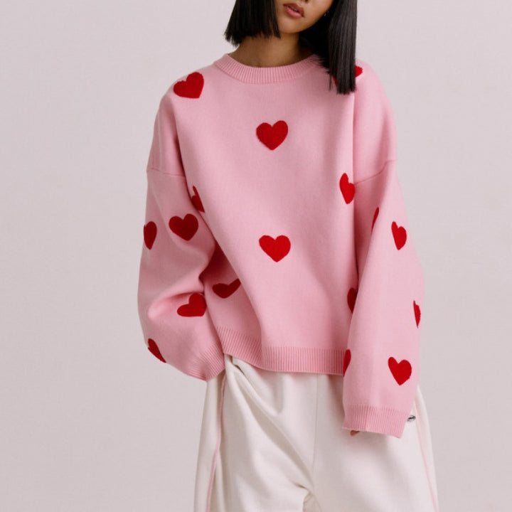 Dame sweater med søde hjerte-applikationer Stilla