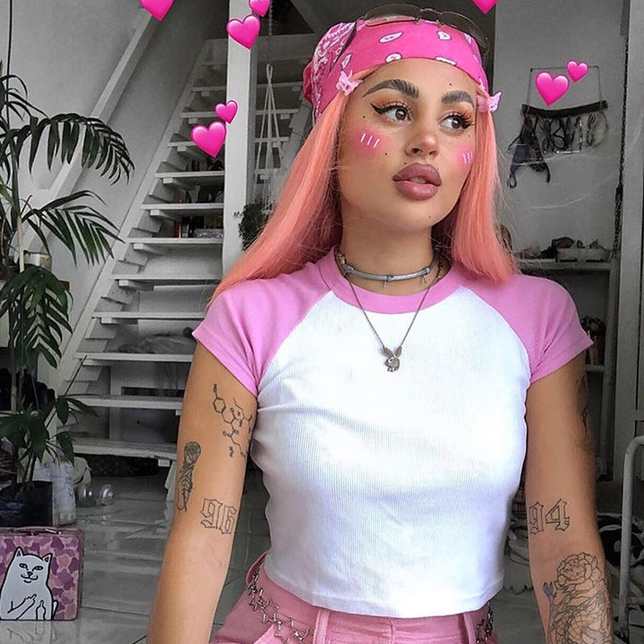 Dame Kortærmet Crop-Top med farvemæssigt afstemte Raglanærmer Stilla