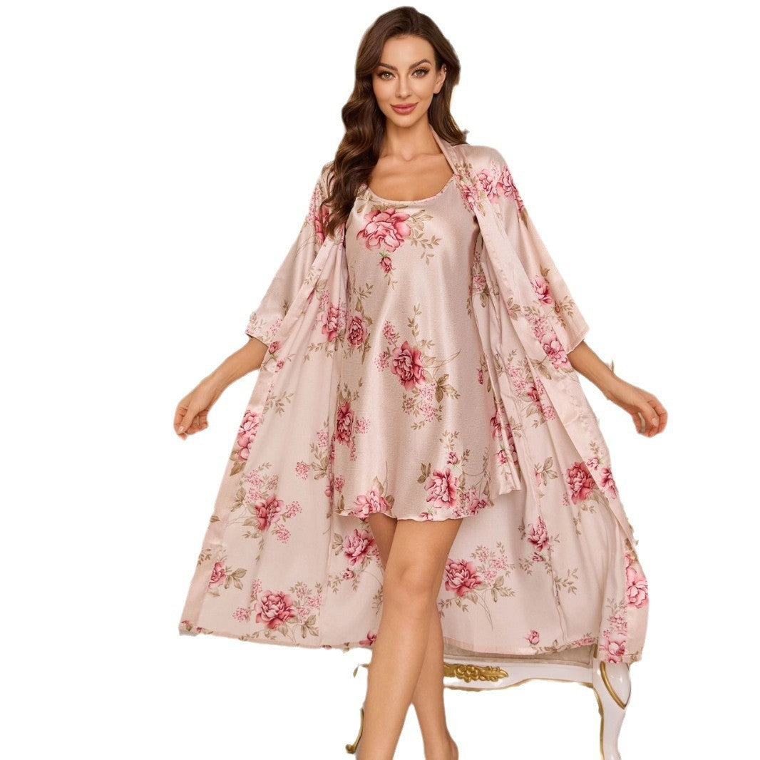 Femme Floral Satin Kimono Kjole Sæt Stilla