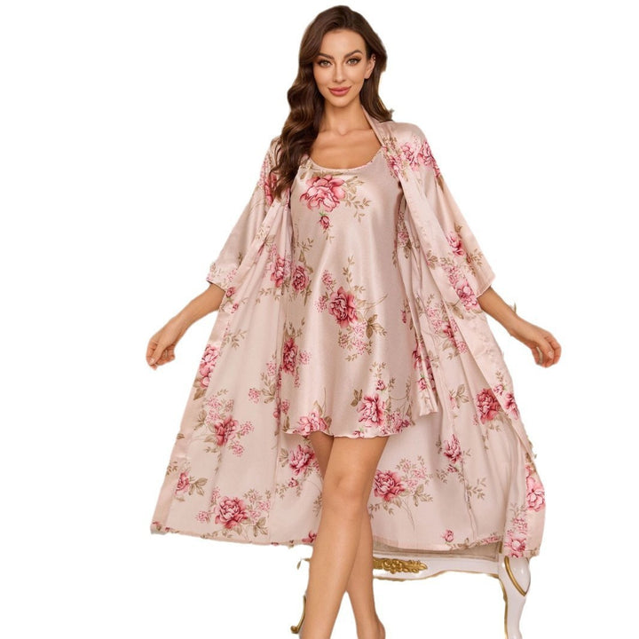 Femme Floral Satin Kimono Kjole Sæt Stilla