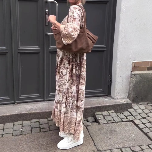Dame Maxikjole med florale mønstre og elastisk taljesnit Stilla
