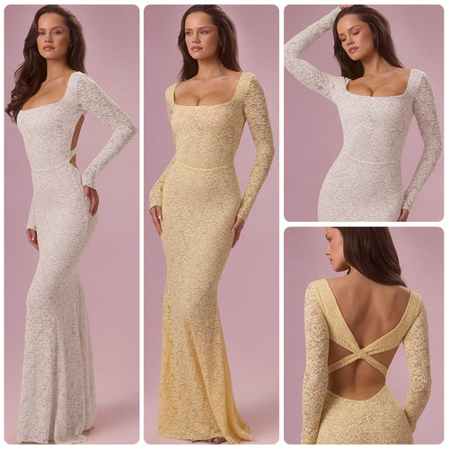 Kvinder Elegant Blonde Maxi Kjole med Skræddersyet Silhuet og Lange Ærmer Skovae