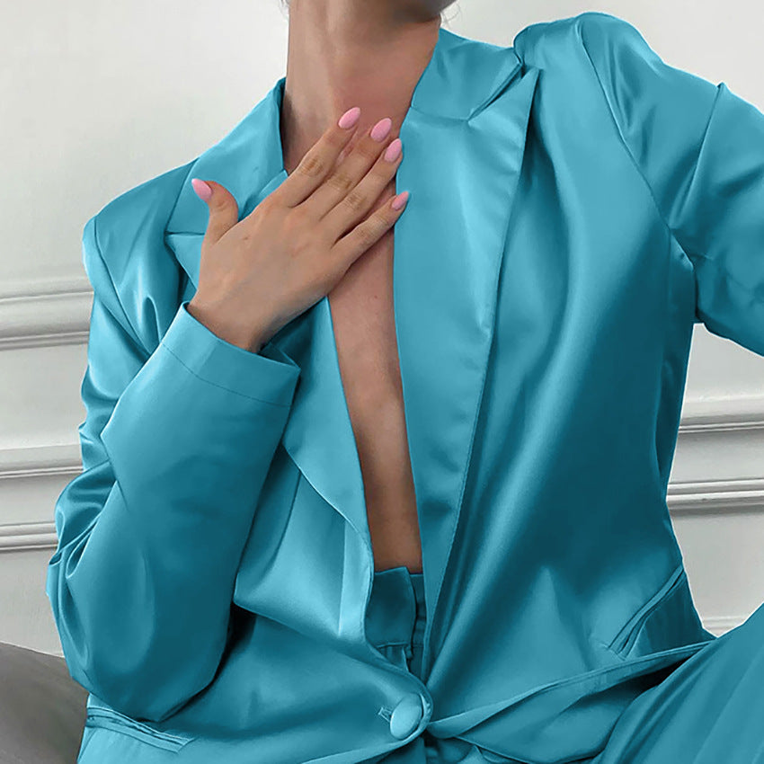 Dame tidløst satin dragt-sæt med elegant snit og oversized jakke Stilla