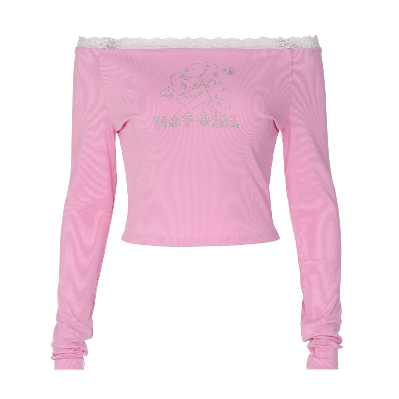 Dame top med off-shoulder design og romantisk blonderkant Skovae