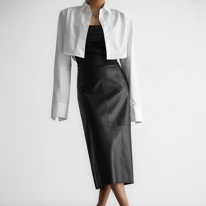 Dame Elegant Midi-skirt lavet af høj kvalitet kunstlæder med smal pasform og sømløst design Stilla