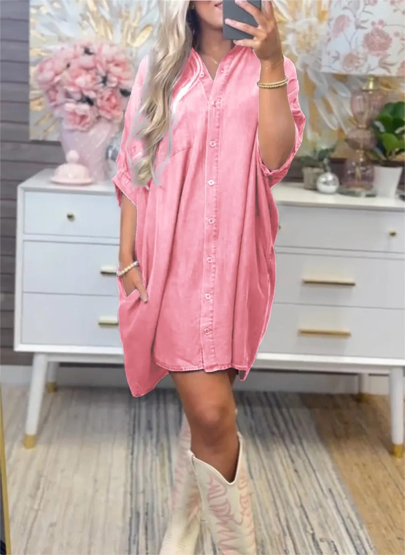 Dame Størrelse Denim-Sk Shirt kjole med praktiske lommer og afslappet snit Stilla
