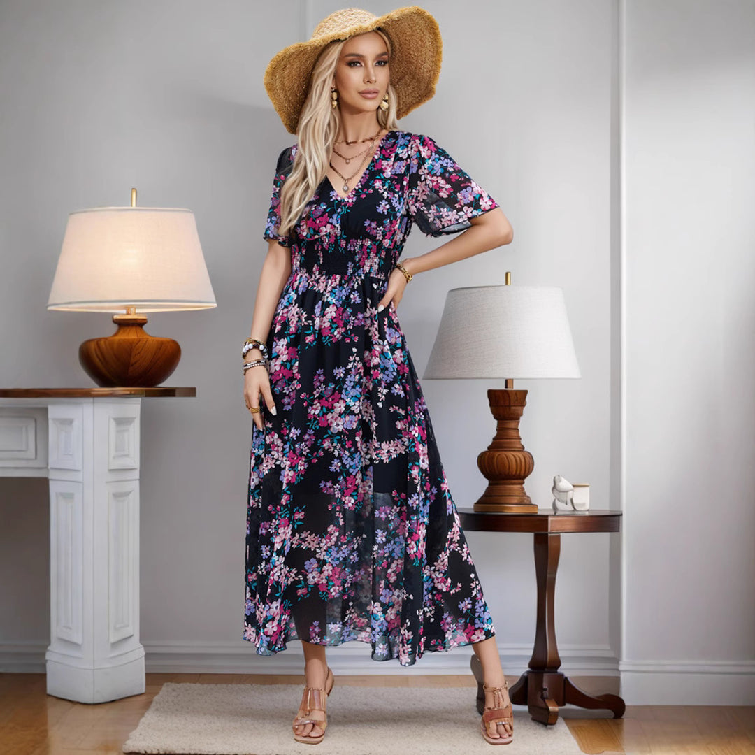 Dame Flydende Maxikjole med blomsterdesign og elastisk talje Stilla