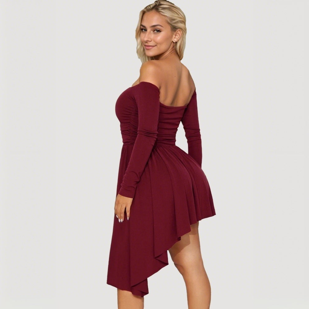 Damer Off-Shoulder Midi Kjole med Asymmetrisk Kant og Lange Ærmer Stilla