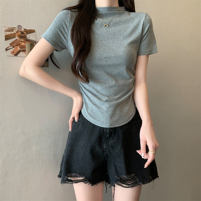 Femme Kortærmet Mock-Neck T-shirt med rynkede detaljer Stilla